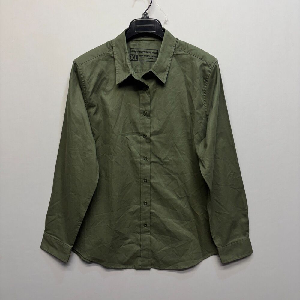 Androgynous Fox Women Button Down Shirt Top Size XL X-Large Olive Green D106 -9
